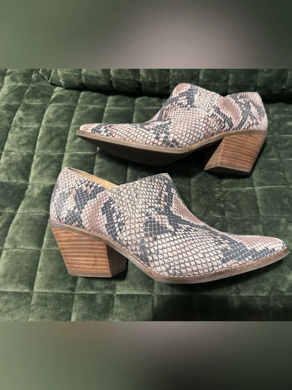 Lucky Brand Pointed Snake-Print Ankle Booties in Taupe and Black